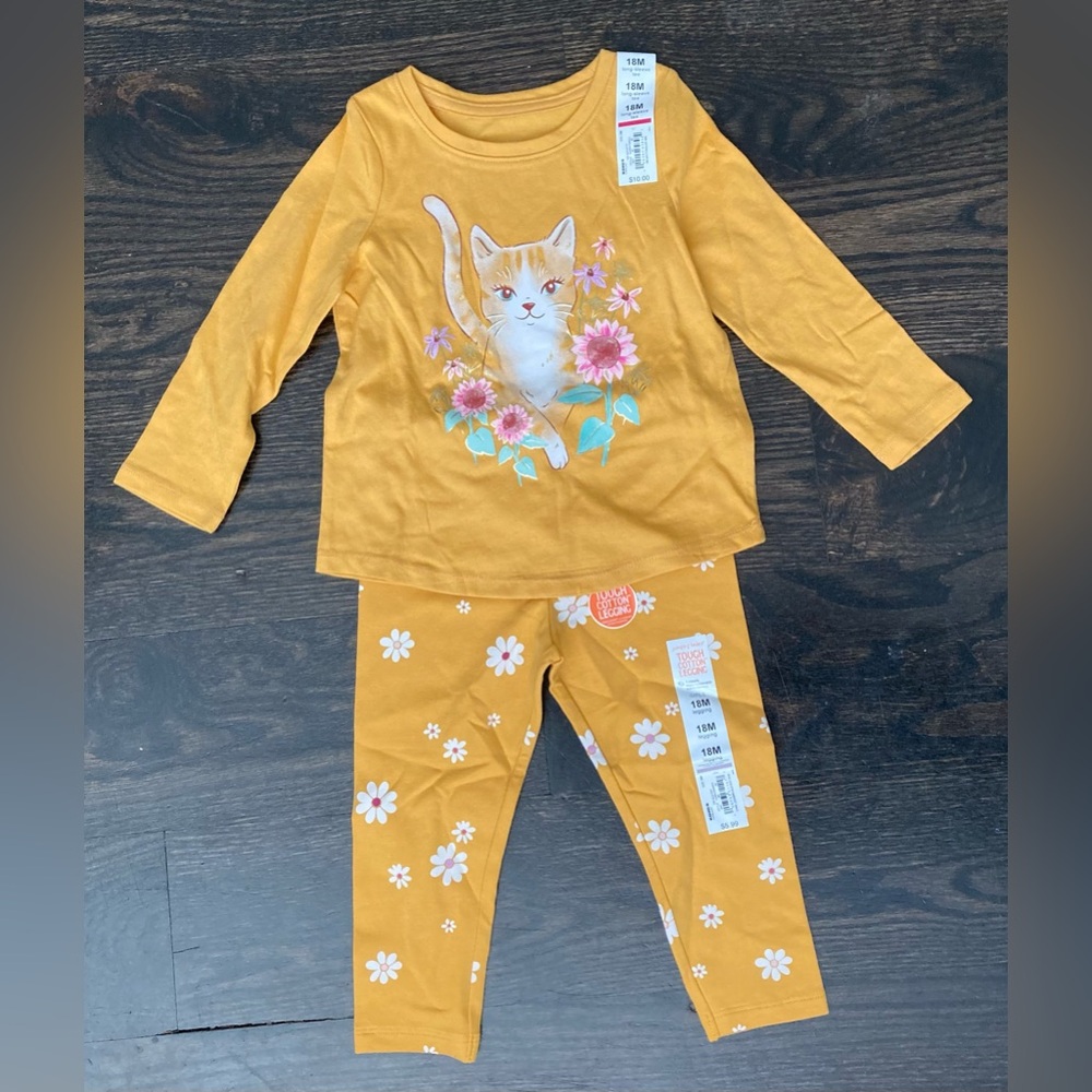 Girls Yellow Marigold Floral Cat Graphic Print Long Sleeve 2-Piece Set 18 Months